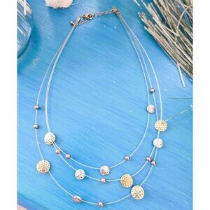 Multi Strand Illusion Necklace Mixed Metal Hammered Metal Discs  Silver Wire